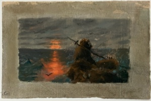 Image of Untitled [sunset on ocean with large rocks and pole in foreground]