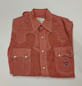 Image of Shirt, red check w/ blue "WRM" monogram on L pocket